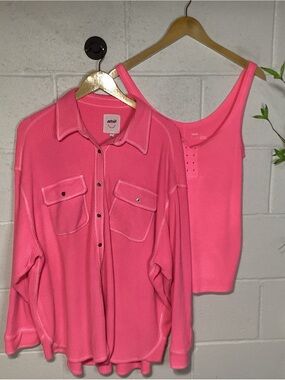 Aerie Hot Pink Waffle-Knit Shirt Jacket with Matching Tank